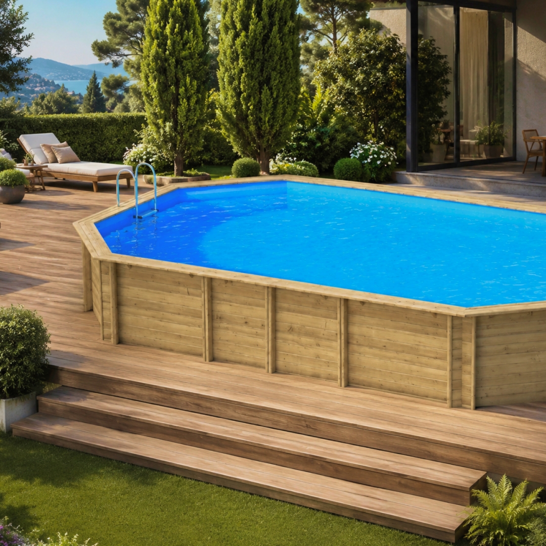 27138210 Wooden pool Weva Octo +840, pin BF Ht146 Бассейн плавательный с деревянной отделкой бортов