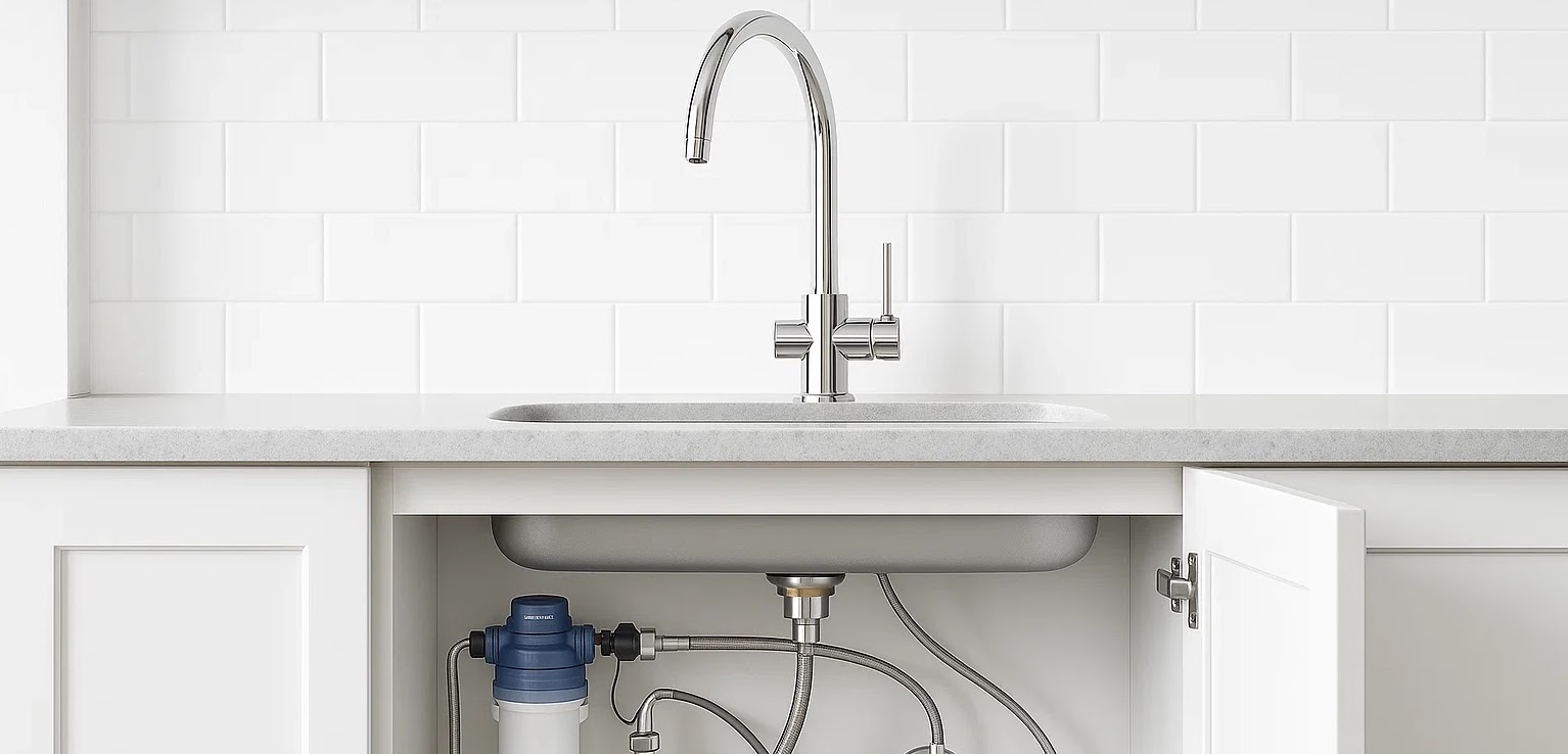 Установленный фильтр для воды под мойку на современной кухне. Отдельный кран и блок фильтрации.