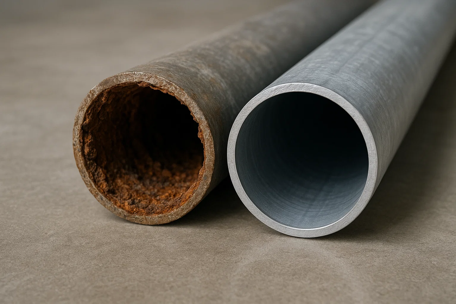 Две трубы в разрезе: одна с накипью и коррозией, другая — чистая.