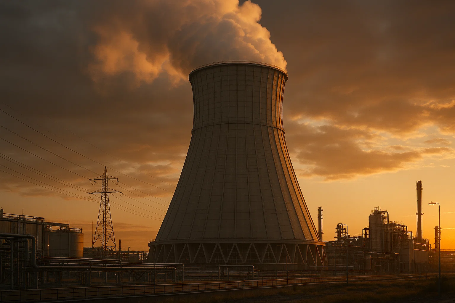 Промышленная градирня на закате, выпускающая пар. Оборудование для охлаждения оборотной воды на производстве.