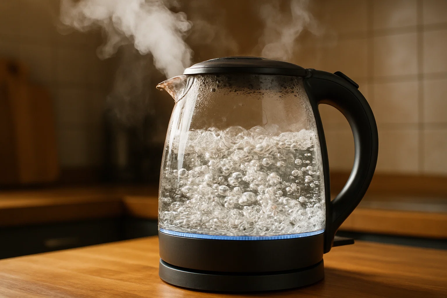 Крупный план прозрачного электрического чайника, активно кипящего на кухне с видимым паром, иллюстрирующий процесс кипячения воды.
