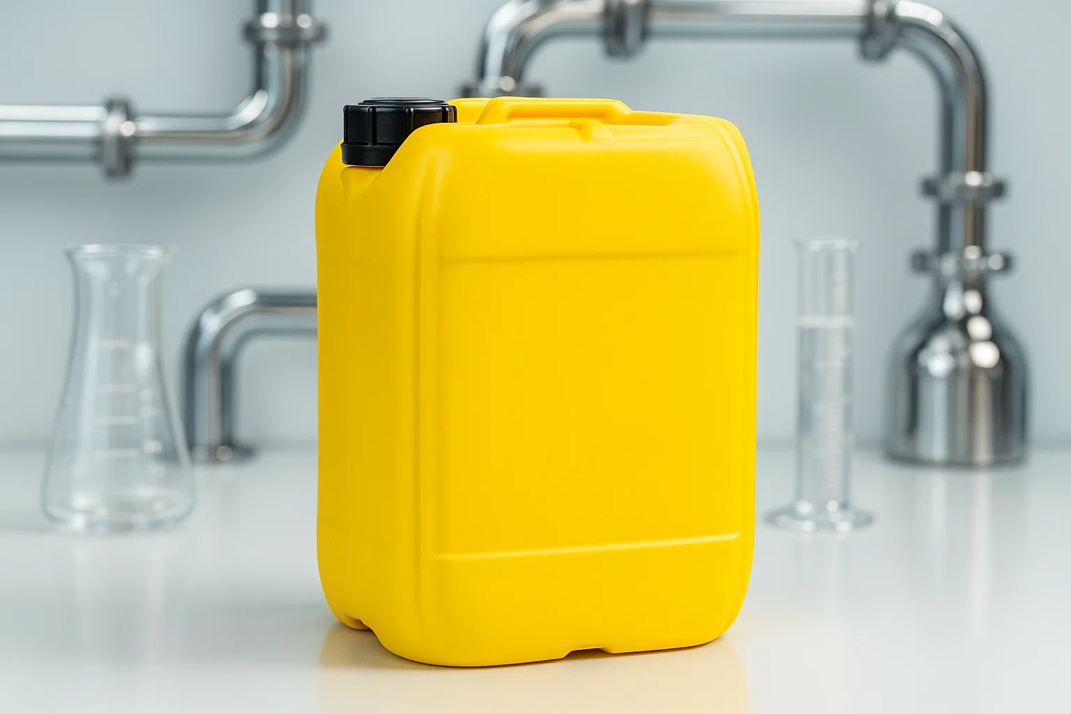 Изображение бутылки с реагентом без опознавательных знаков, размещённой в высокотехнологичной лаборатории, символизирующее научный подход к водоподготовке.