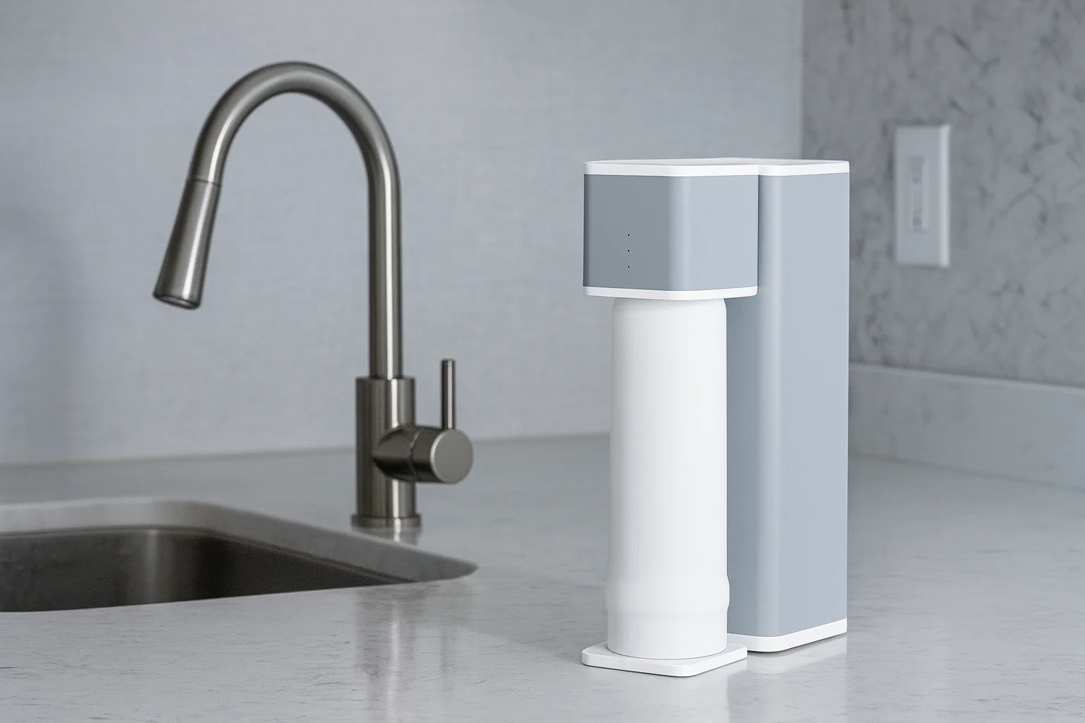 Современная кухня с системой обратного осмоса на столешнице.