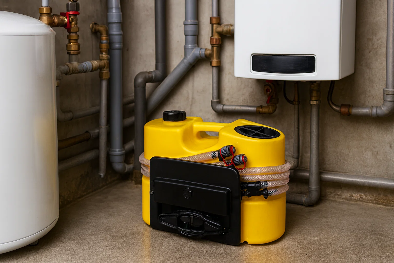 Переносная промывочная станция, подключенная шлангами к трубам котла в котельной, имитирует химическую очистку.