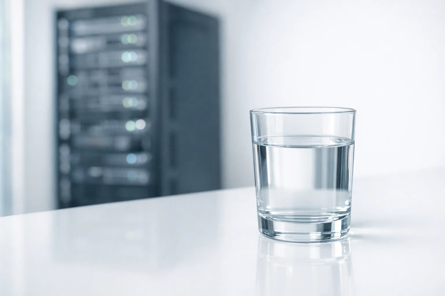 Стакан чистой воды на фоне размытого сервера, символизирующий реальный объем ресурсов, необходимых для работы ИИ.
