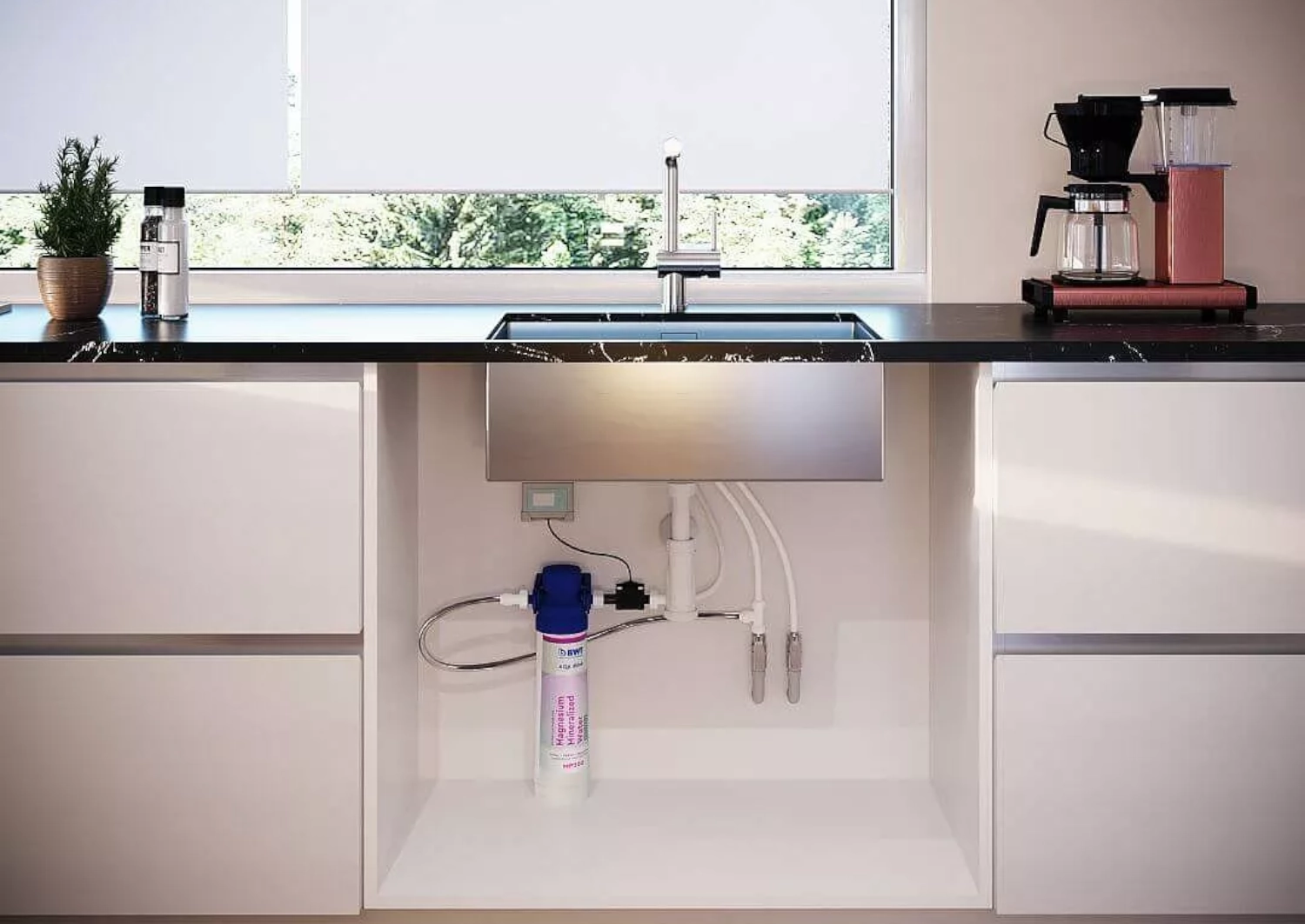 Современная кухня с проточным фильтром под мойкой.