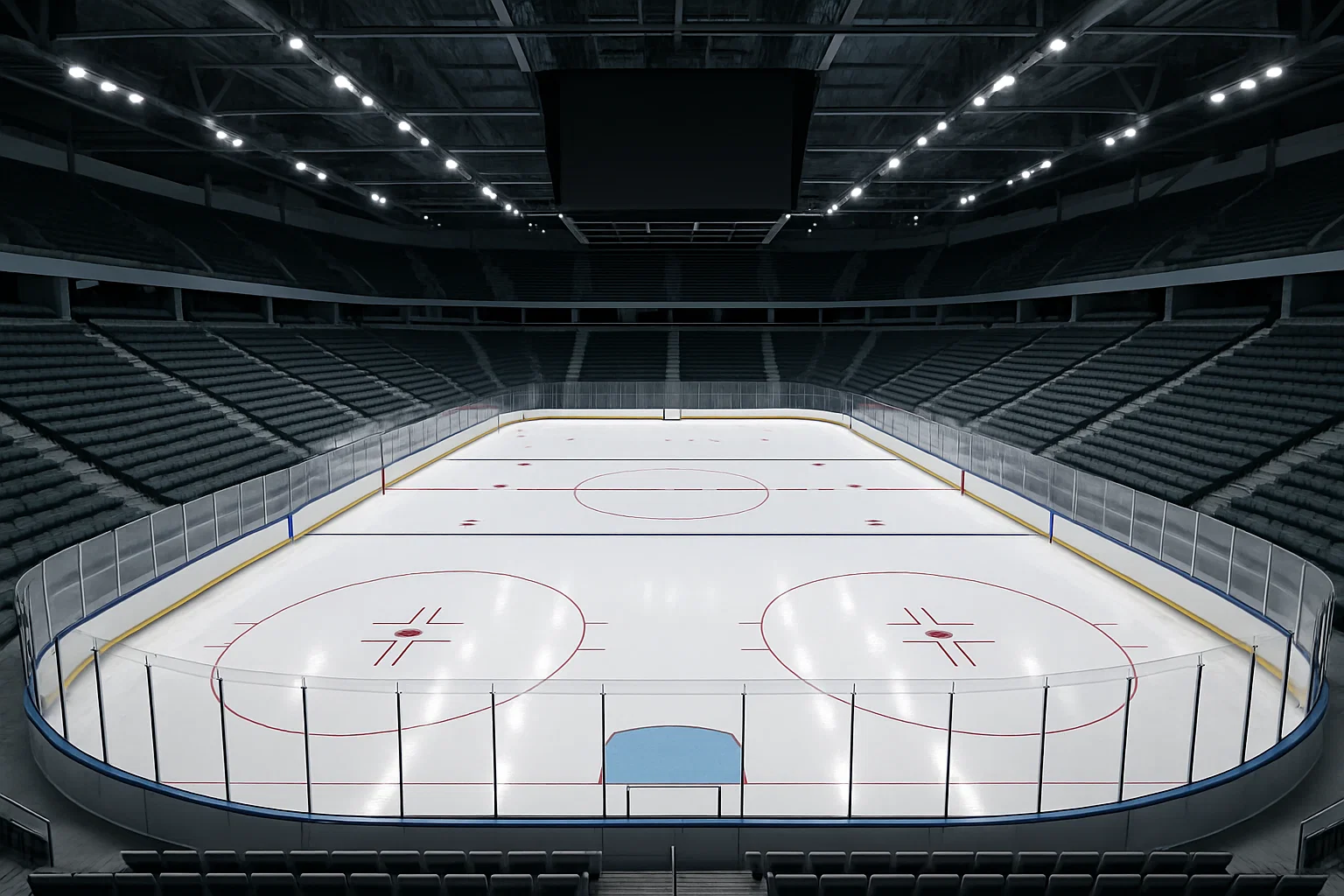 Масштабная, современная крытая ледовая арена с идеальной поверхностью льда.
