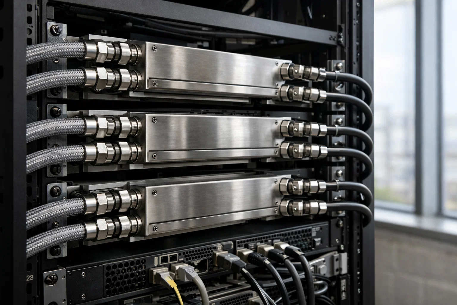 Современная инфраструктура ЦОД с установленной системой жидкостного охлаждения серверов.