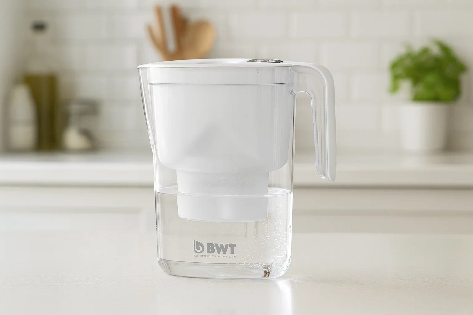 Современный фильтр-кувшин для воды на кухне, символизирующий процесс очистки и подготовку воды для питья.