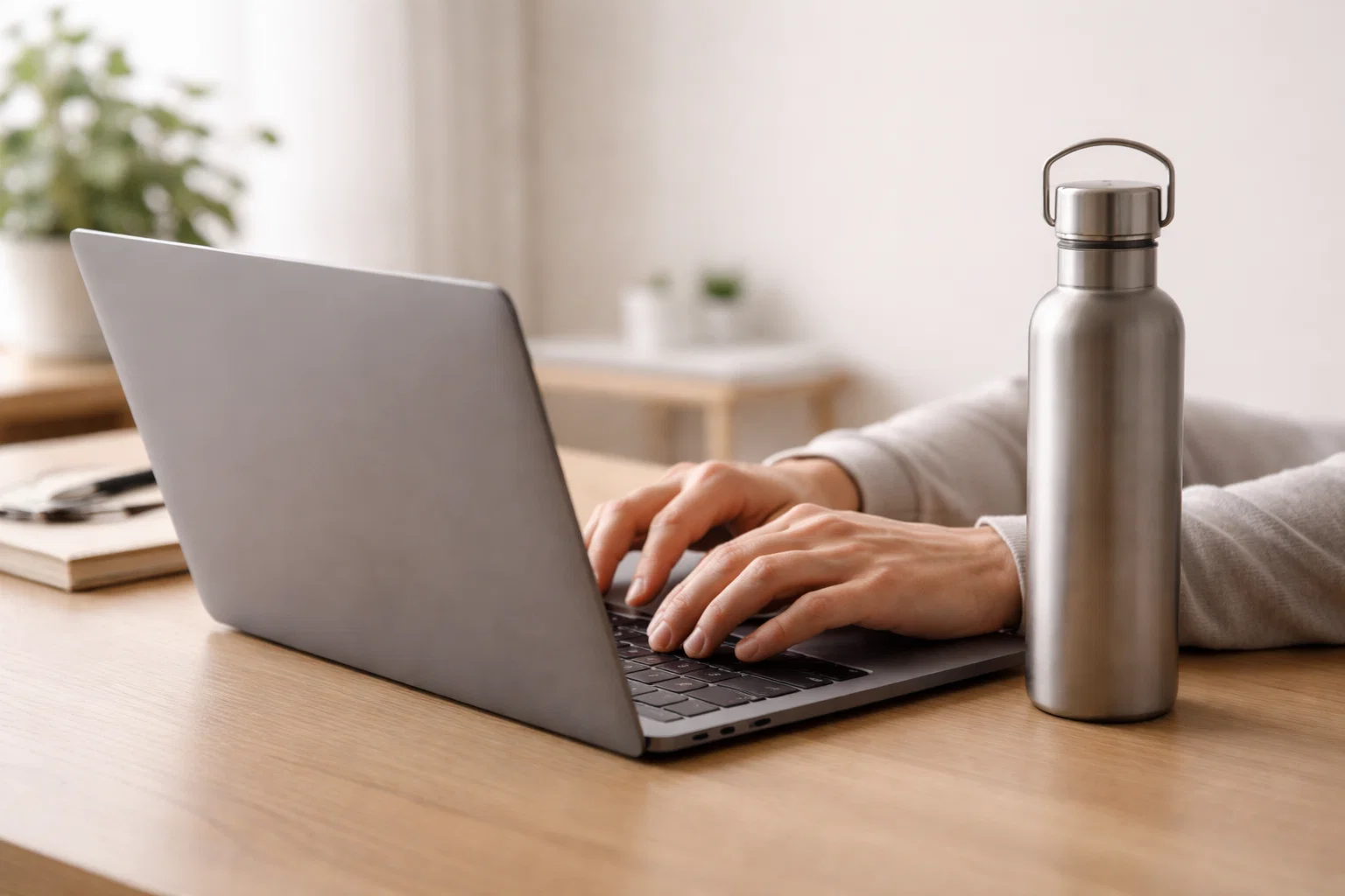 Человек за работой на ноутбуке рядом с бутылкой воды, напоминающий об ответственности пользователя за ресурсы.